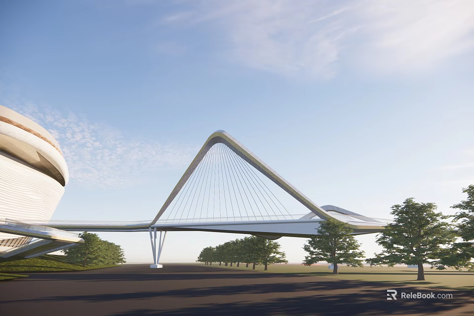 White Cable Stayed Bridge With Circular Building Trees and Blue Sky 3d model 