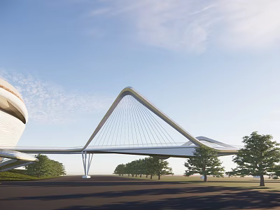 White Cable Stayed Bridge With Circular Building Trees and Blue Sky 3d model