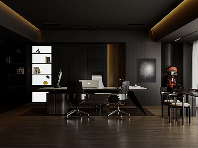 Modern Office Interior Design With Black Furniture Wooden Flooring Desk Chairs And Decorative Artwork 3d model