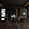 Modern Office Interior Design With Black Furniture Wooden Flooring Desk Chairs And Decorative Artwork