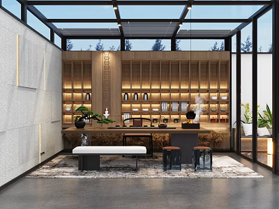 Modern Tea Room Interior With Open Layout Wooden Shelves Tea Sets And Natural Light 3d model