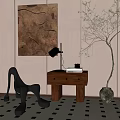 Bedside Table With Table Lamp Books And Black Sculpture Near Potted Tree On Checkered Rug