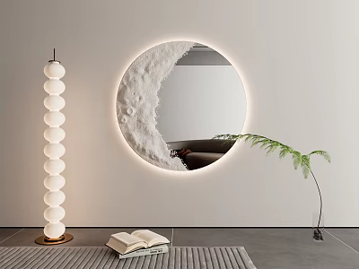 Circular Moon Textured Backlit Mirror with Floor Lamp Open Book and Green Plant 3d model