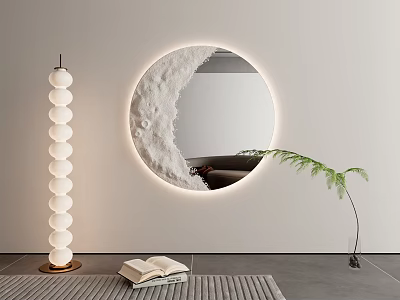 Circular Moon Textured Backlit Mirror with Floor Lamp Open Book and Green Plant 3d model Circular Moon Textured Backlit Mirror with Floor Lamp Open Book and Green Plant 3d model