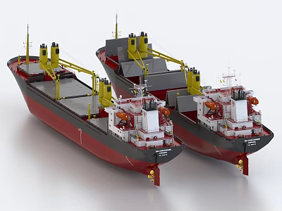 Two Large Cargo Ships With Cranes And Red Hulls 3d model
