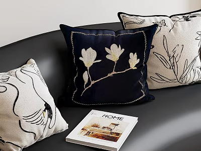 Stylish Embroidered Throw Pillows With Magnolia Floral Patterns Navy Blue White Modern Home Decor 3d model