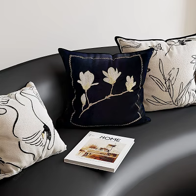 Stylish Embroidered Throw Pillows With Magnolia Floral Patterns Navy Blue White Modern Home Decor 3d model