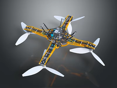 Professional Multi Rotor Drone With Yellow Black Frame White Propellers And Mechanical Components 3d model