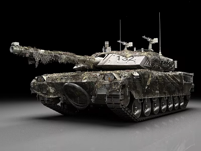 Camouflaged Military Tank With Main Gun Antenna And Track Design 3d model