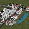 Aerial View Of Residential Community With Houses Pond And Green Spaces