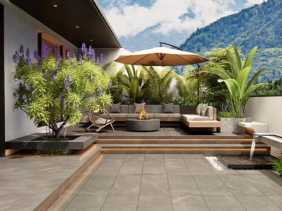Lush Courtyard Garden Featuring Purple Flowers Umbrella Seating Fire Pit Wooden Steps And Stone Flooring 3d model