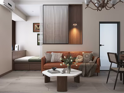 Warm Modern Living And Dining Room With Orange Sofa Marble Coffee Table And Wood Accents 3d model