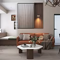 Warm Modern Living And Dining Room With Orange Sofa Marble Coffee Table And Wood Accents