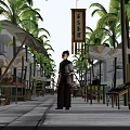 Animated Vintage Street Scene With Character Palm Trees Hanging Umbrellas and Chinese Sign