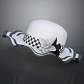 White Woven Hat With Black And White Checkered Band Floral Accent And Ruffled Brim