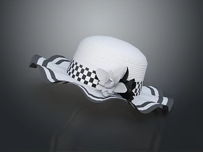 White Woven Hat With Black And White Checkered Band Floral Accent And Ruffled Brim 3d model