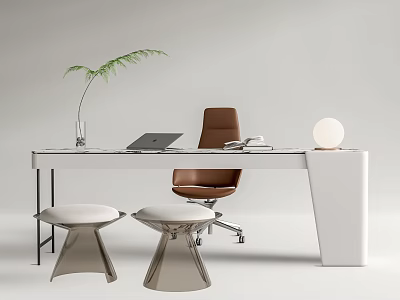 Modern Glass Desk Interior With Laptop Potted Plant White Round Lamp Brown Chair And Stools 3d model