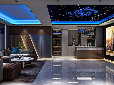 Modern Home Theater With Starry Ceiling Comfortable Sofa And Large Screen Bar Counter 3d model