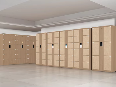 Neatly Arranged Wooden Lockers In Indoor Space With Light Wood Finish 3d model