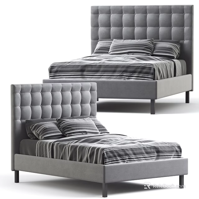 Modern Double Bed With Tufted Headboard And Striped Bedding Pillows 3d model