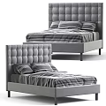 Modern Double Bed With Tufted Headboard And Striped Bedding Pillows 3d model