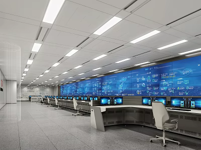Modern Monitoring Room Interior With Multiple Displays Control Desks And Office Chairs 3d model