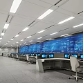 Modern Monitoring Room Interior With Multiple Displays Control Desks And Office Chairs