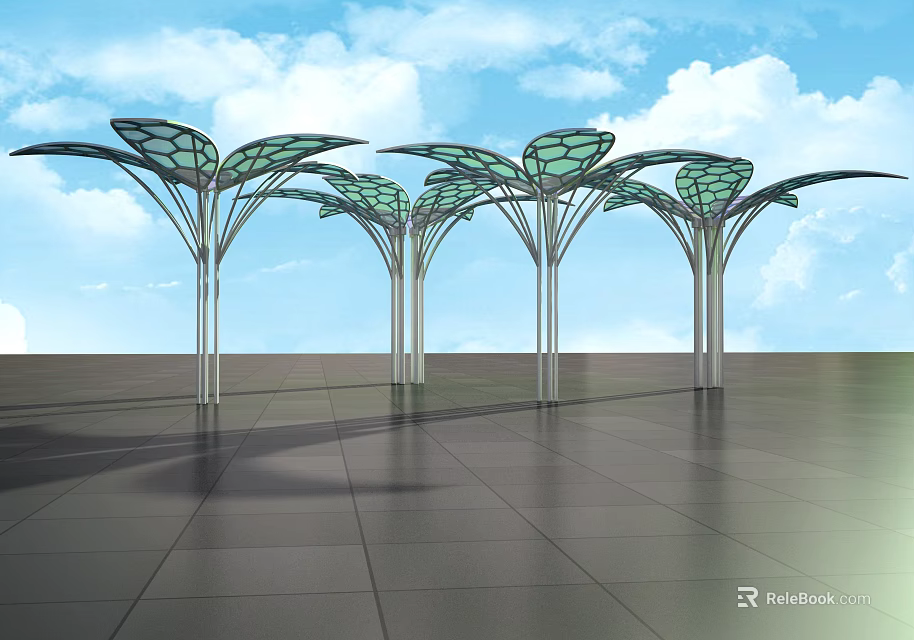 Tree Like Architectural Structures With Green Translucent Canopies And Metal Frames 3d model