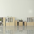 Modern Light Wood Bookcase Combination With Glass Doors Open Shelves And Green Plants