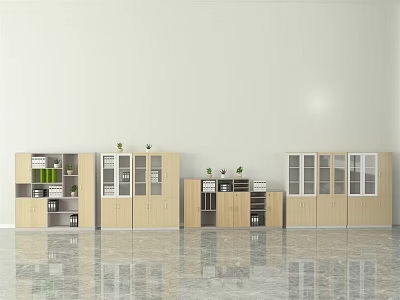 Modern Light Wood Bookcase Combination With Glass Doors Open Shelves And Green Plants 3d model