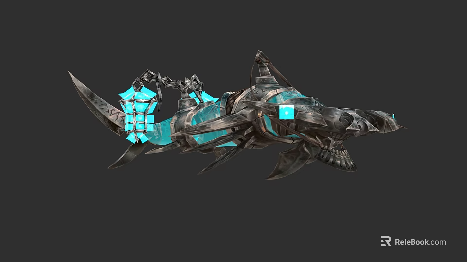 Detailed Mechanical Shark With Metal Skeleton And Blue Glowing Components 3d model 