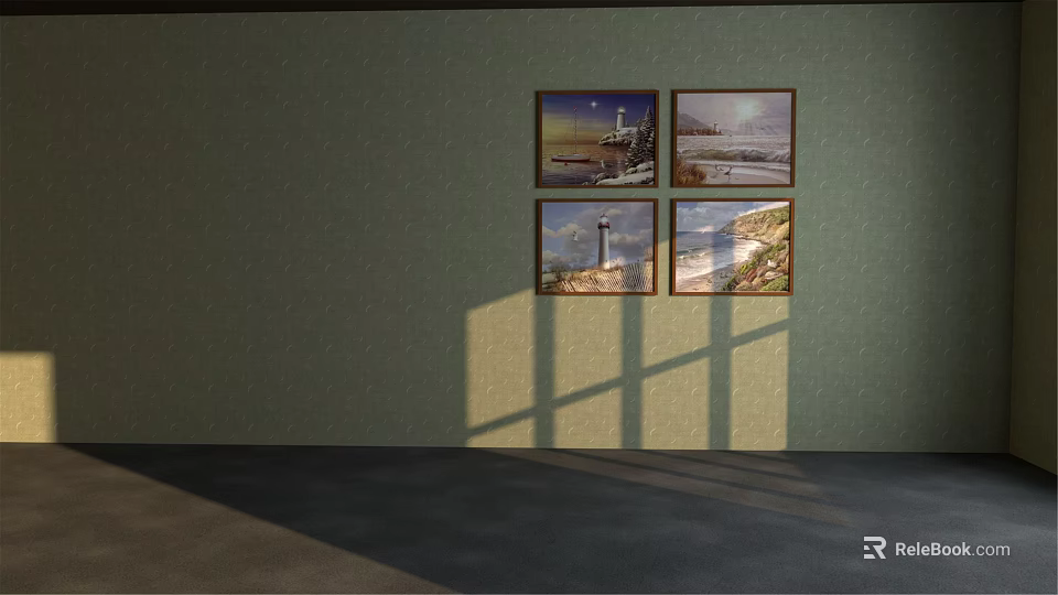 Four Landscape Paintings Featuring Lighthouse And Seascape On Green Wall 3d model 