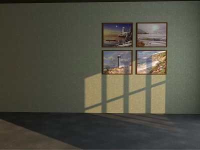 Four Landscape Paintings Featuring Lighthouse And Seascape On Green Wall 3d model