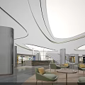 Modern Shopping Mall Lobby Interior With Curved Ceiling Lighting And Green Seating Area