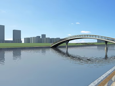 Modern Arched Bridge Spanning River With Urban Skyline And Water Reflection 3d model