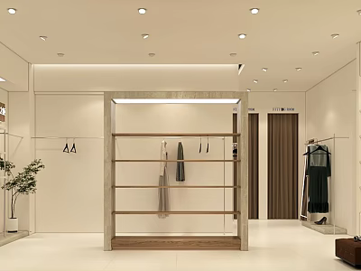 Modern Clothing Store Interior With Clothing Racks Display Shelves And Hanging Clothes 3d model