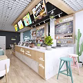 Bubble Tea Shop Interior With Marble Counter Digital Menu Screens Green Plants And Pastel Stools