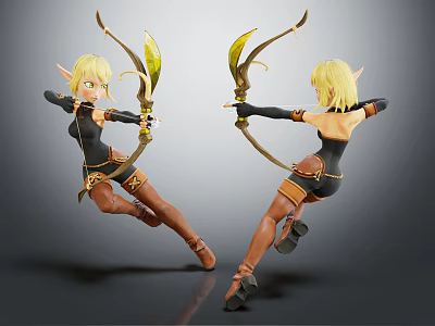 Blonde Haired Elven Female Characters With Bows In Dynamic Archer Poses 3d model