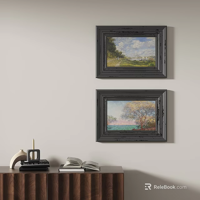 Two Black Framed Landscape Paintings On Wall With Table And Decor Items 3d model