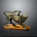 Mythical Bronze Lion Sculpture With Curled Tail And Decorative Details On Orange Base