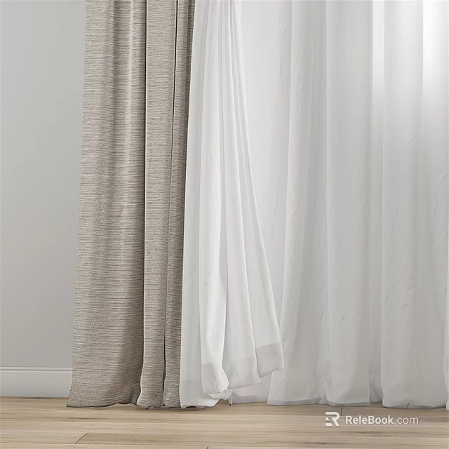 Light Brown Linen And White Sheer Curtains For Home Window Interior 3d model