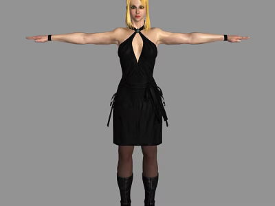Blonde Haired Game Movie Character in Black Halter Dress with Arms Outstretched and Black Boots 3d model