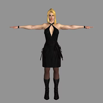 Blonde Haired Game Movie Character in Black Halter Dress with Arms Outstretched and Black Boots 3d model
