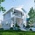 Modern Detached Villa Exterior with White Facade Balcony Large Windows and Landscaped Garden