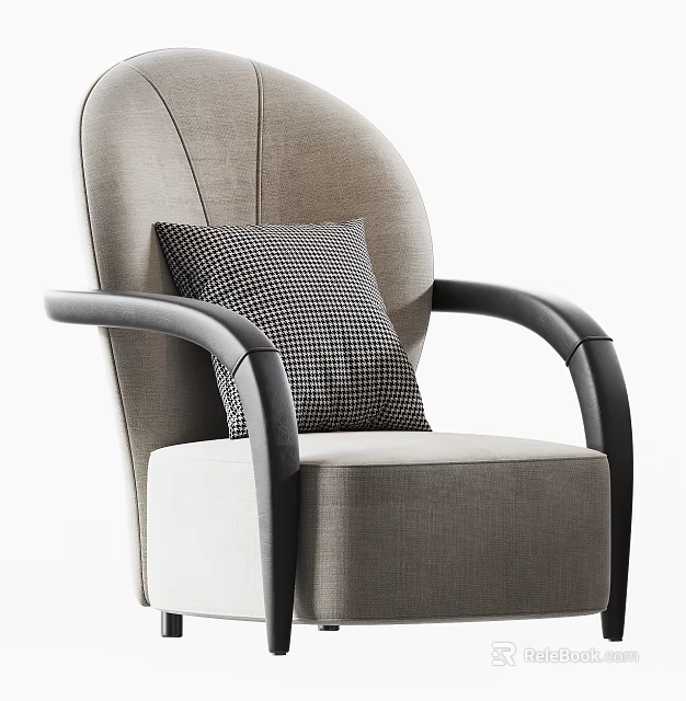 Modern Single Sofa With Grey Upholstery Black Armrests And Black White Checkered Pillow 3d model 