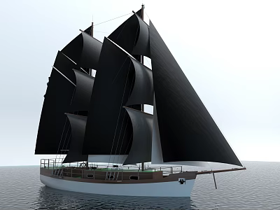 Tall Sailing Boat With Black Sails And White Hull Sailing On Calm Water 3d model