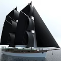 Tall Sailing Boat With Black Sails And White Hull Sailing On Calm Water