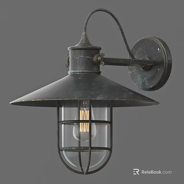 Vintage Industrial Black Metal Wall Light With Glass Shade And Exposed Bulb Design 3d model 