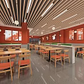 Modern Restaurant Interior Design With Red Wall Wooden Tables Bench Seats And Hanging Decor Plates