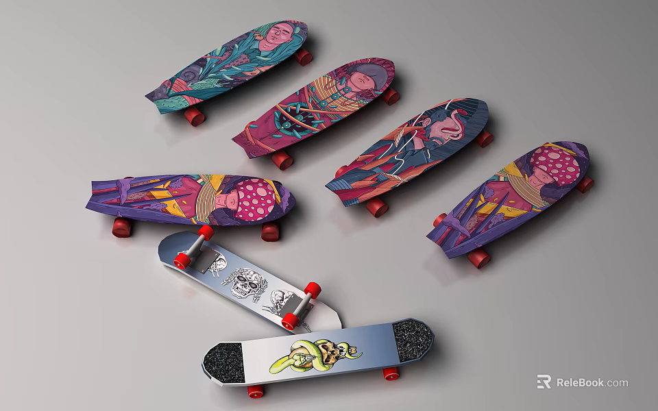 Colorful Skateboards Featuring Artistic Graphic Designs And Red Wheels As Sports Gear 3d model 